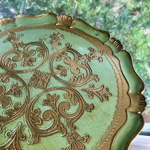 Vintage Italian Florentine Green & Gold Round Tray 15.5” Made in Italy - Picture 8 of 11